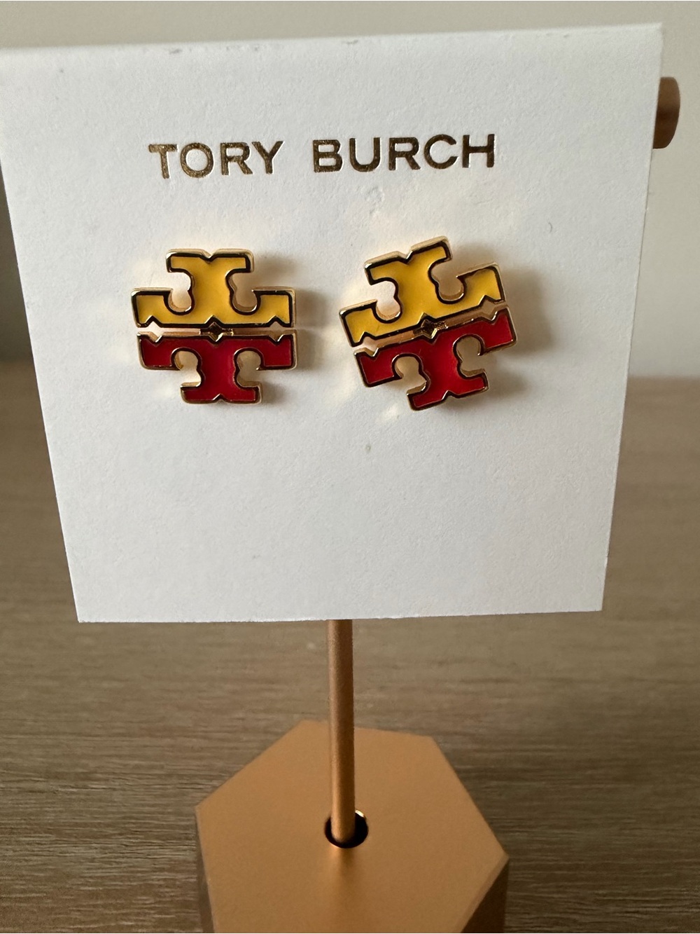 Tory Burch Red and Yellow Logo Stud Earrings